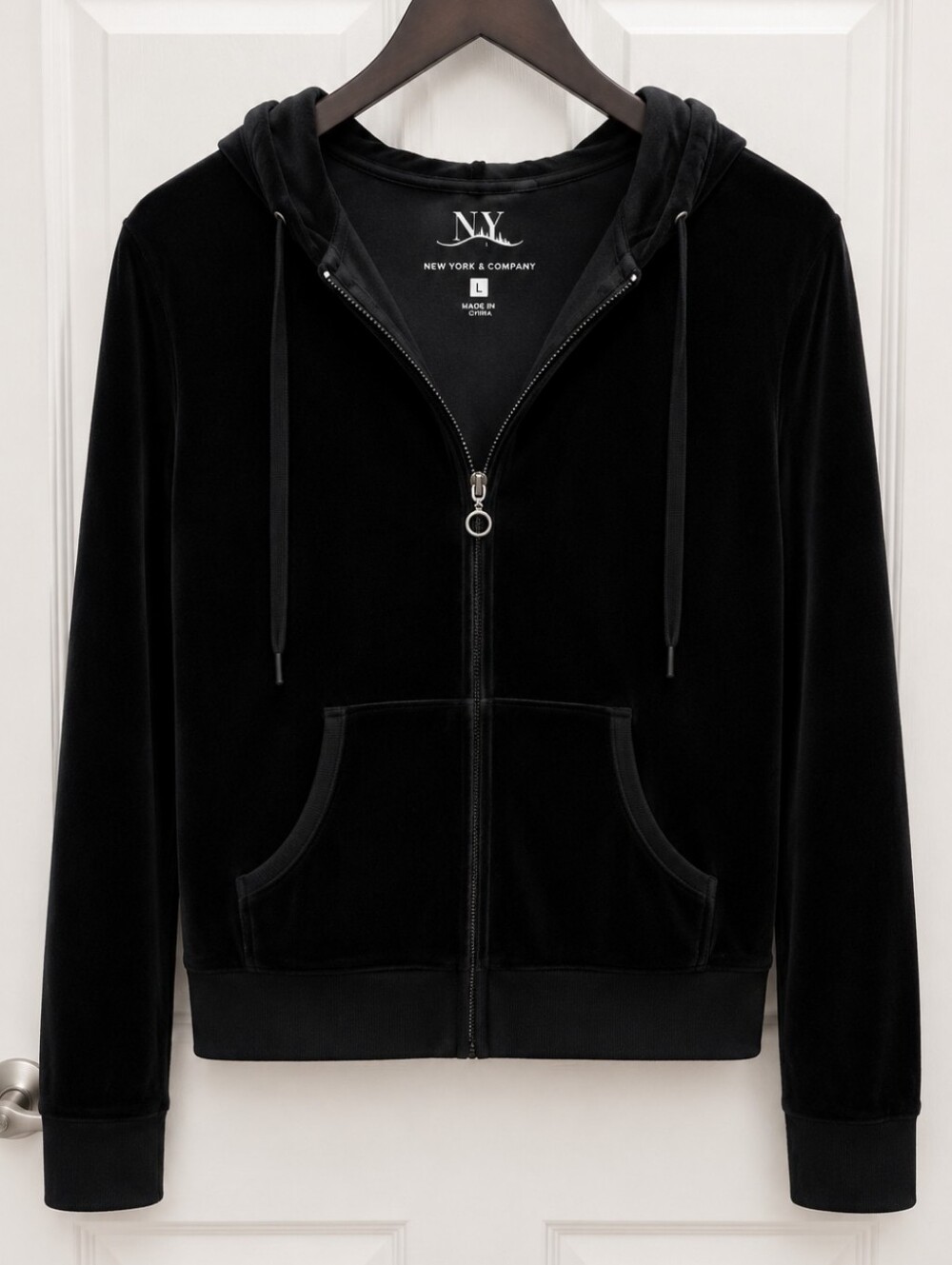 New York & Company Black Velour Crystal Zip Up Hoodie Athleisure Jacket Sz Lg